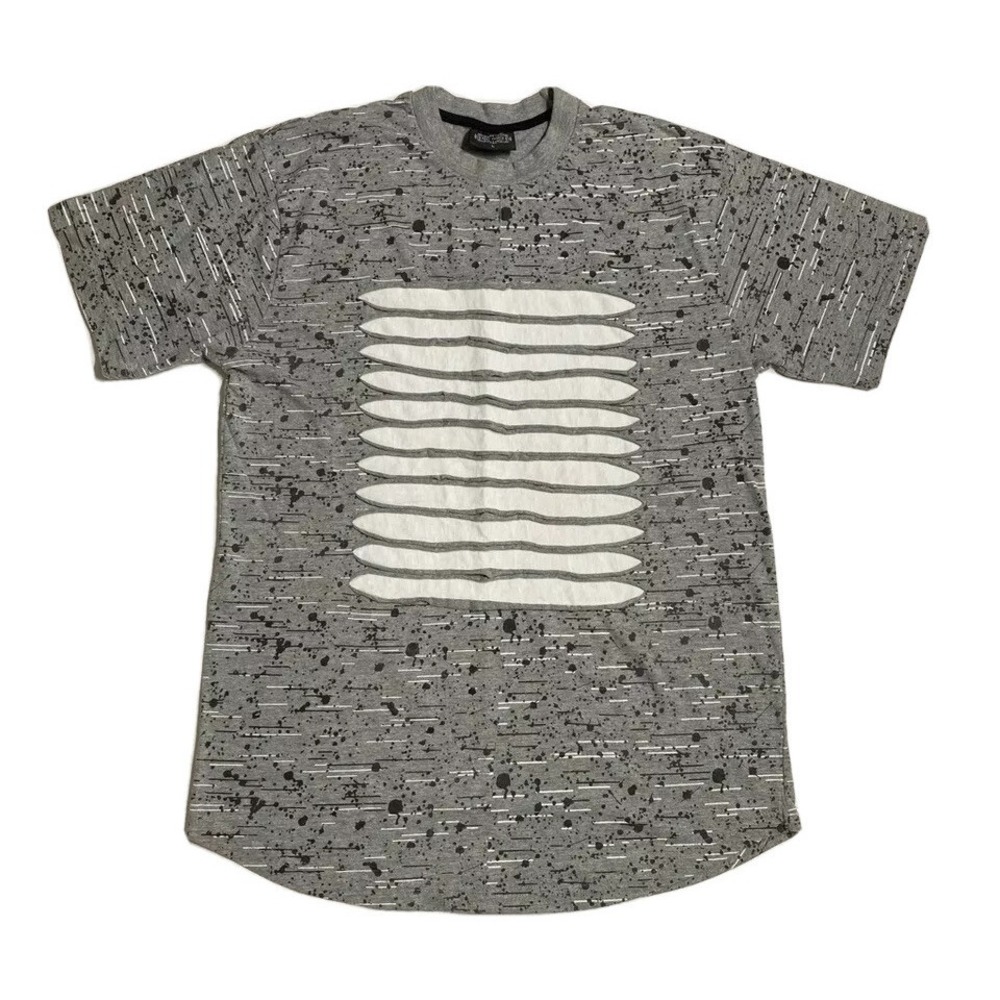 King Maker Mens T Shirt Size L Gray Black Geoemetric Decorative Sewing Heathered